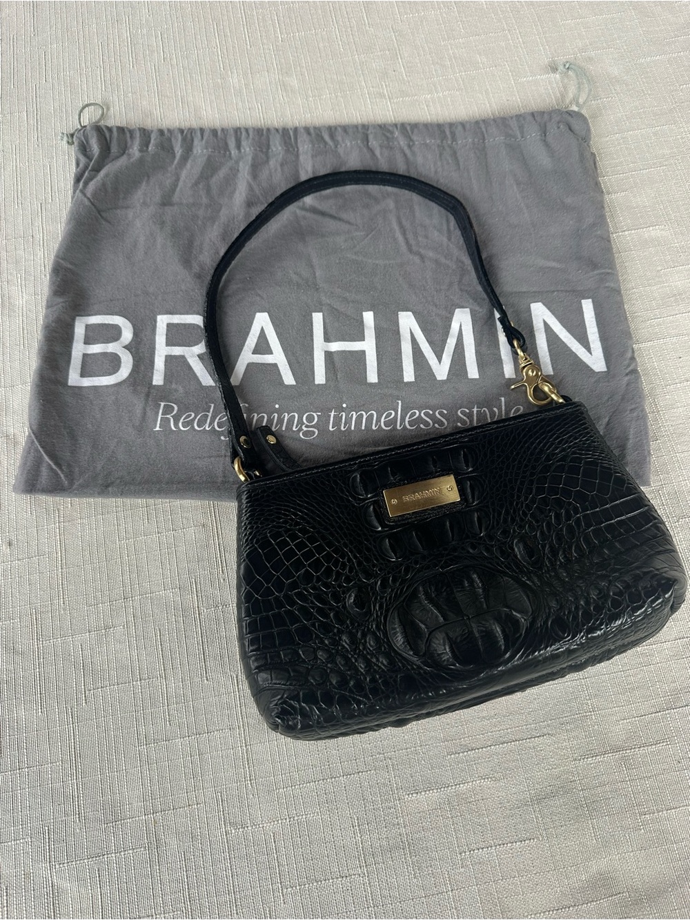 Brahmin Black Crocodile Print Convertible Shoulder Bag Clutch (Brushed Gold)